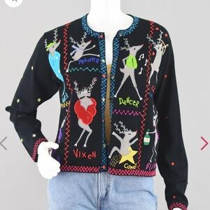 Vintage Y2K Christine Rotelli Reindeer Novelty Embroidered Detail Cardigan M